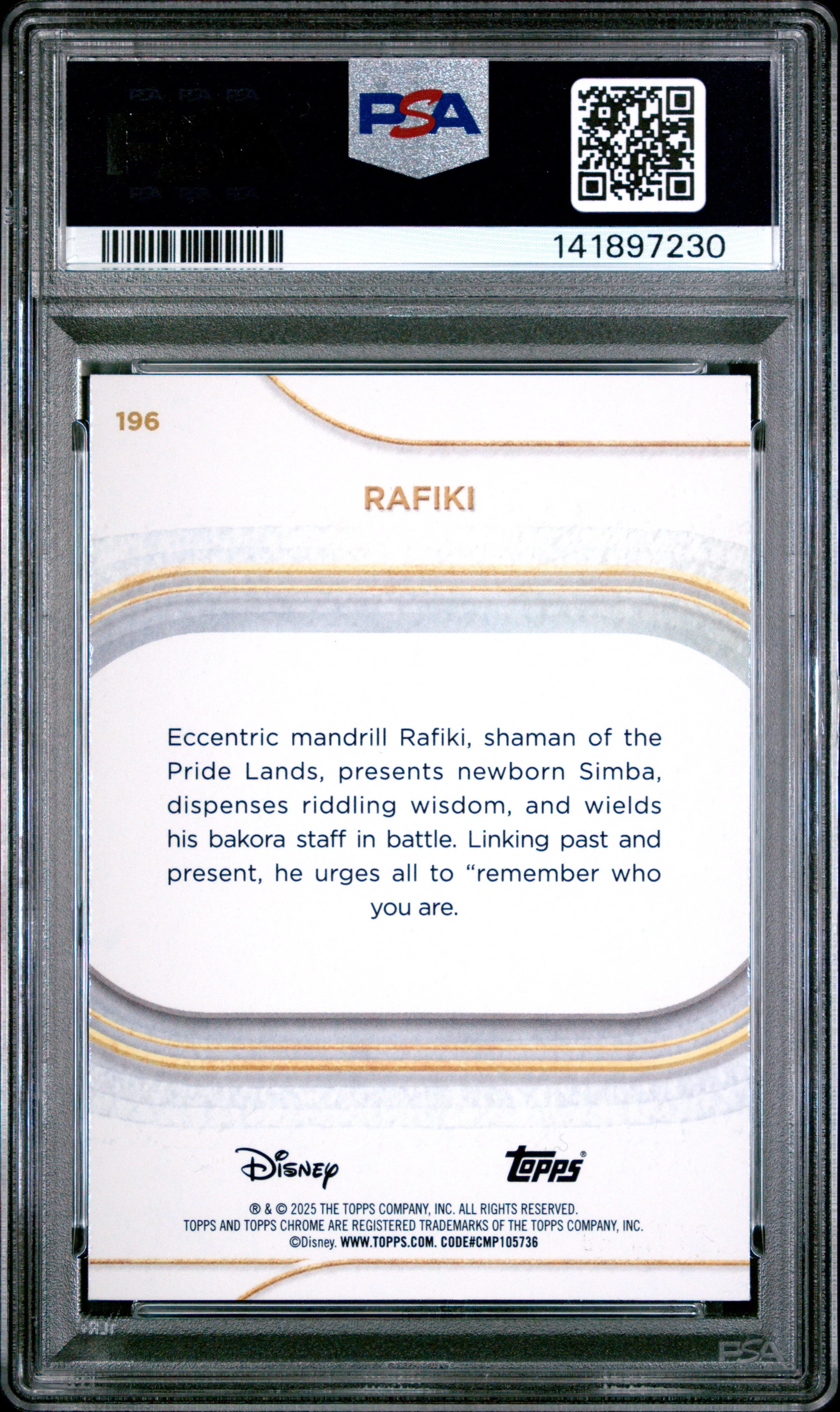 Graded 2025 Topps Chrome Disney Rafiki #196 Pink Refractor #/250 The Lion King Live Action Trading Card PSA 10 Gem Mint - Image 2
