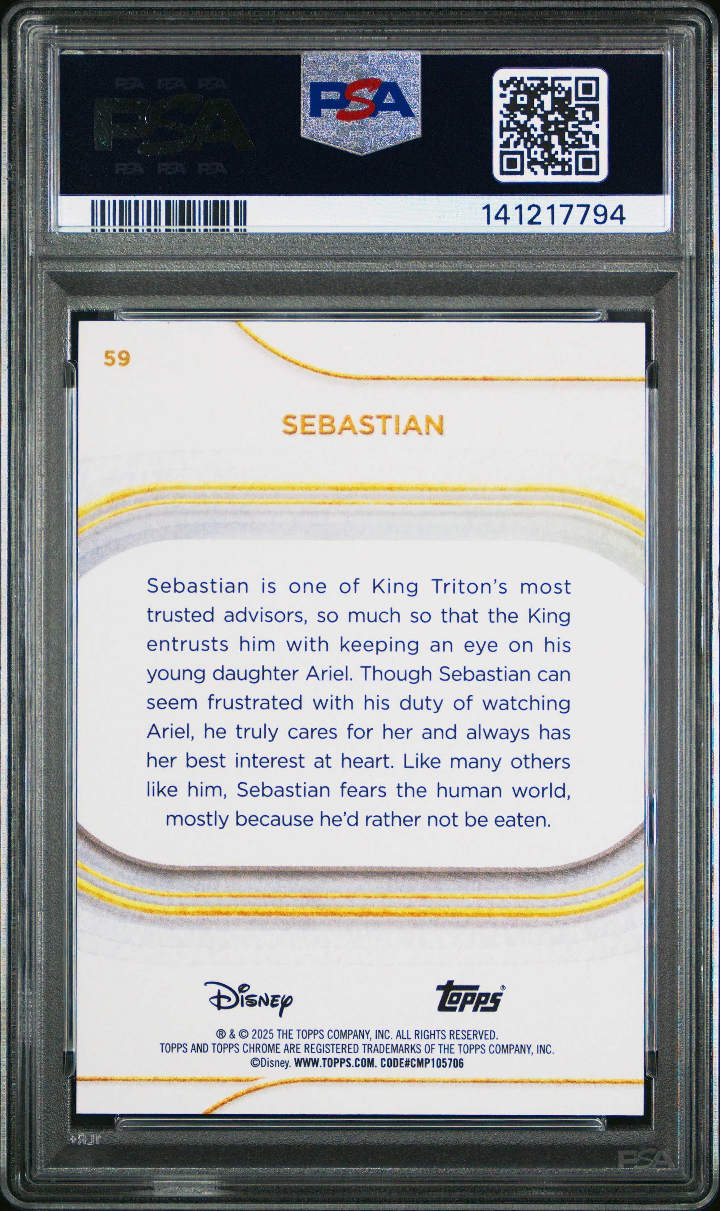 Graded 2025 Topps Chrome Disney Sebastian #59 Purple Wave #/75 The Little Mermaid Trading Card PSA 10 Gem Mint - Image 2