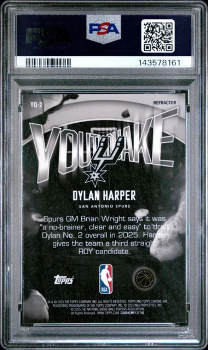 Graded 2025 Topps Chrome Dylan Harper #YQ2 Youthquake Refractor Rookie RC Basketball Card PSA 10 Gem Mint - Image 2