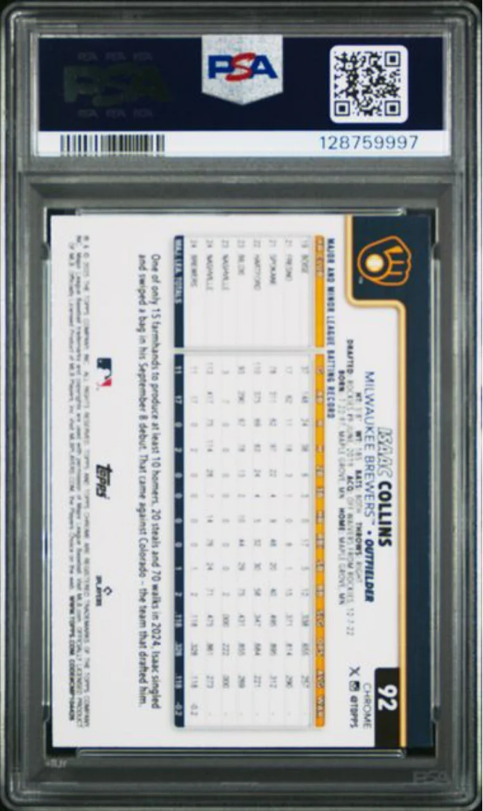 Graded 2025 Topps Chrome Isaac Collins #92 Rookie RC Baseball Card PSA 10 Gem Mint - Image 2