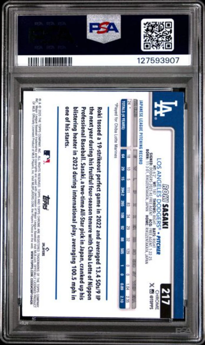 Graded 2025 Topps Chrome Roki Sasaki #217 Raywave Rookie RC Baseball Card PSA 10 Gem Mint - Image 2
