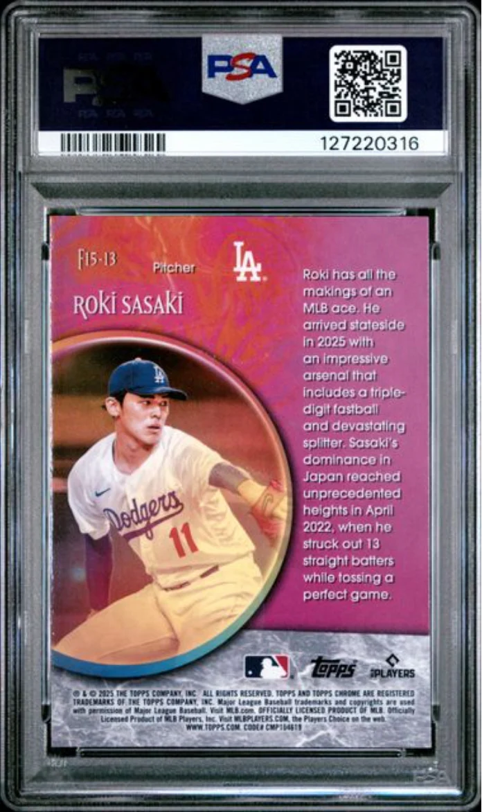 Graded 2025 Topps Chrome Roki Sasaki #F15-13 Fortune 15 Rookie RC Baseball Card PSA 10 Gem Mint - Image 2
