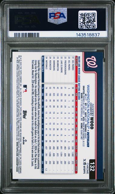 Graded 2025 Topps Chrome Sapphire James Wood #132 Rookie RC Baseball Card PSA 10 Gem Mint - Image 2