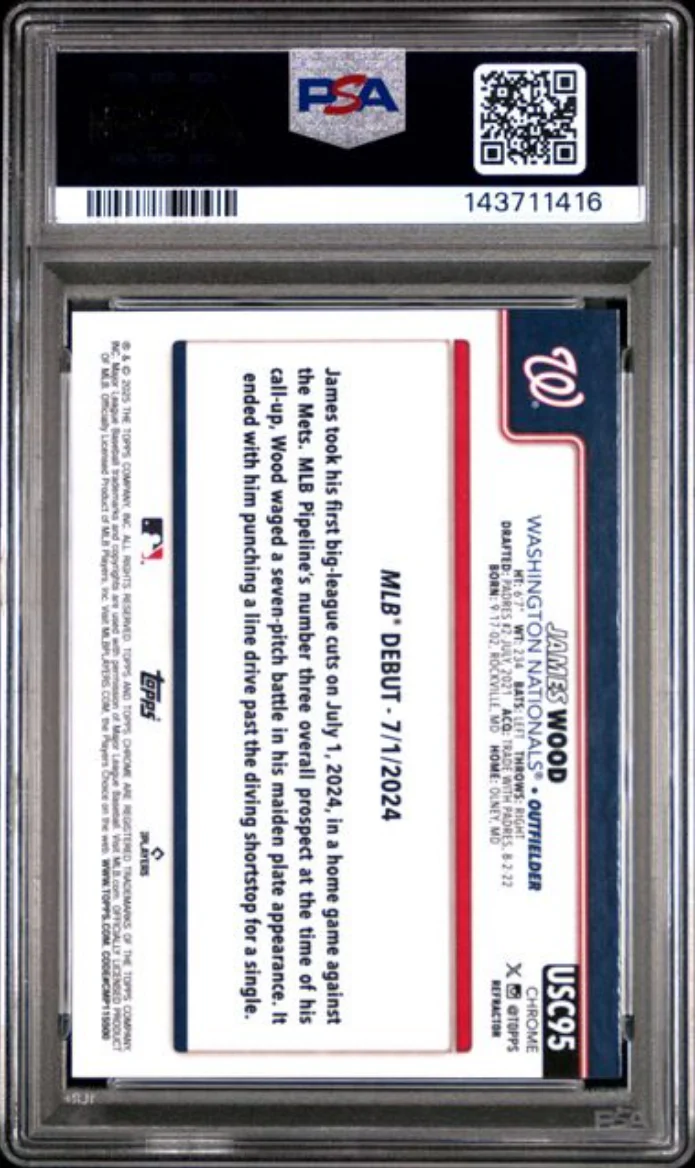 Graded 2025 Topps Chrome Update James Wood #95 Refractor Rookie RC Baseball Card PSA 10 Gem Mint - Image 2
