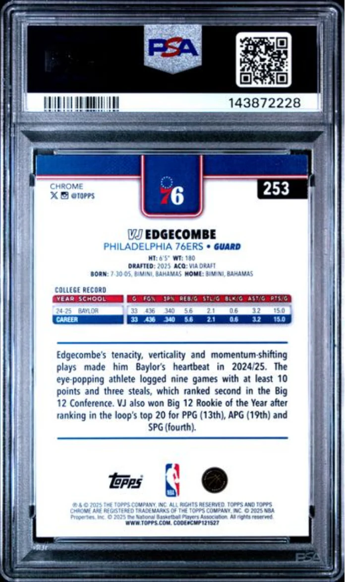 Graded 2025 Topps Chrome VJ Edgecombe #253 Rookie RC Basketball Card PSA 10 Gem Mint - Image 2