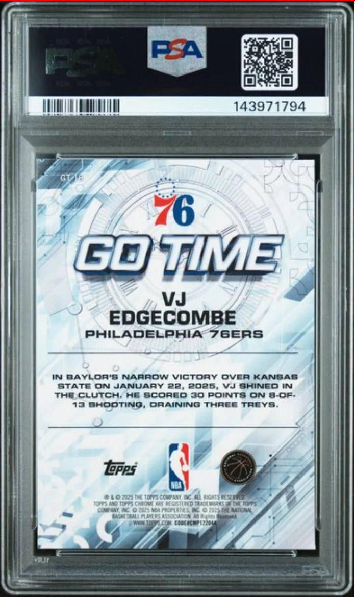 Graded 2025 Topps Chrome VJ Edgecombe #GT18 Go Time Rookie RC Basketball Card PSA 10 Gem Mint - Image 2