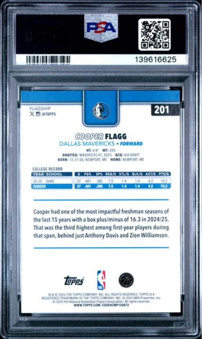 Graded 2025 Topps Cooper Flagg #201 Rookie RC Basketball Card PSA 9 Mint - Image 2