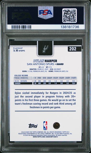 Graded 2025 Topps Dylan Harper #202 Rookie RC Basketball Card PSA 10 Gem Mint - Image 2