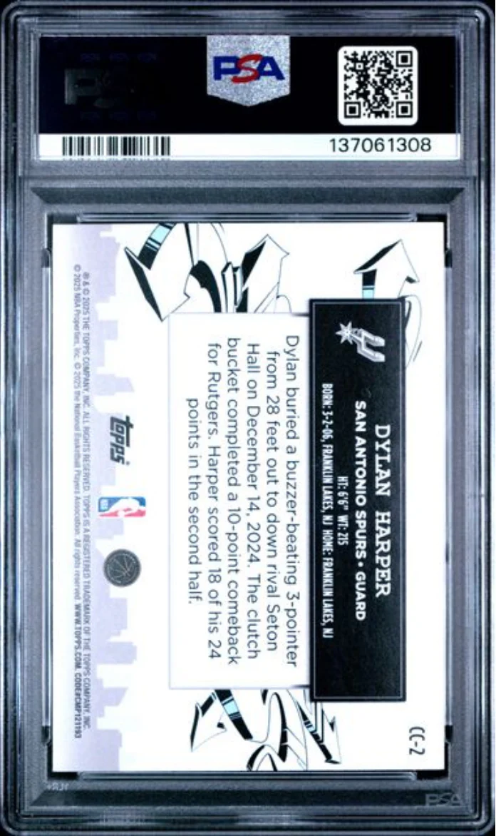 Graded 2025 Topps Dylan Harper #CC2 Clutch City Prospects Rookie RC Basketball Card PSA 10 Gem Mint - Image 2