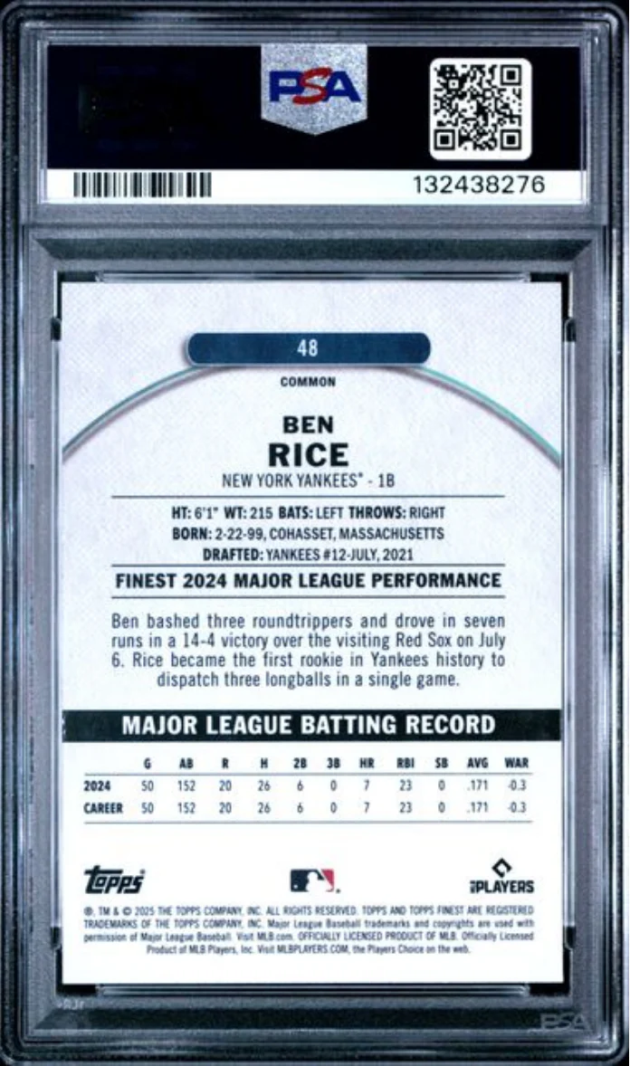 Graded 2025 Topps Finest Ben Rice #48 Rookie RC Baseball Card PSA 10 Gem Mint - Image 2