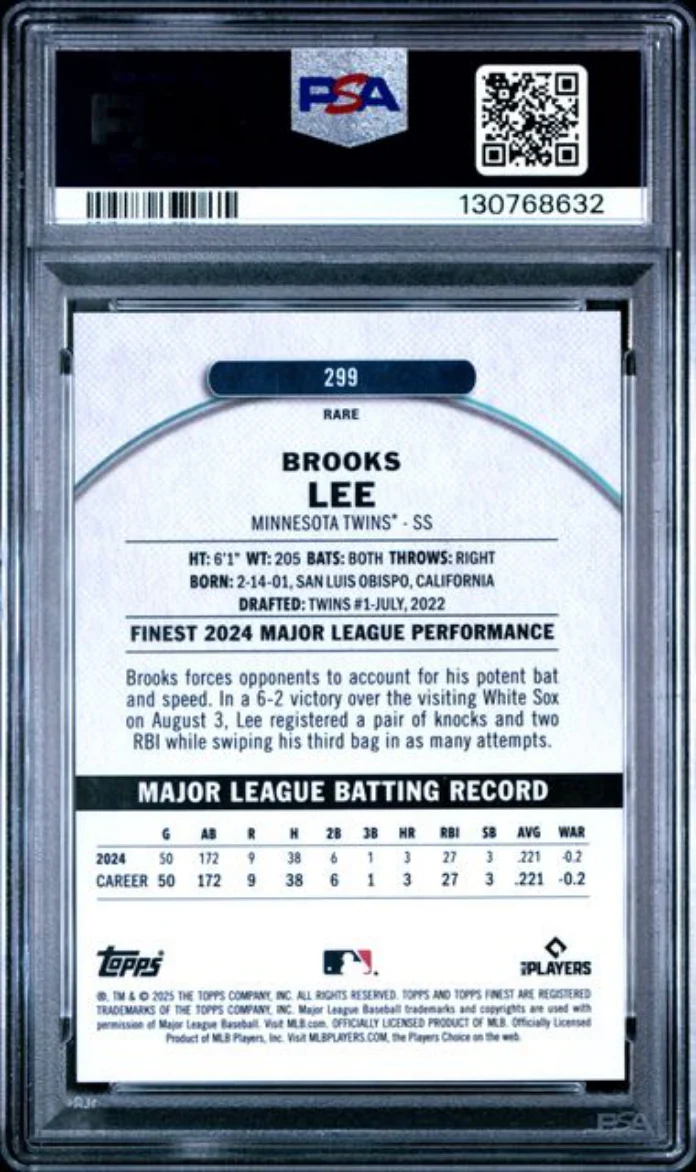 Graded 2025 Topps Finest Brooks Lee #289 Blue Checkerboard Rookie RC Baseball Card PSA 10 Gem Mint - Image 2