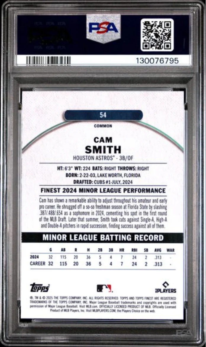 Graded 2025 Topps Finest Cam Smith #54 Blue Refractor /200 Rookie RC Baseball Card PSA 10 Gem Mint - Image 2