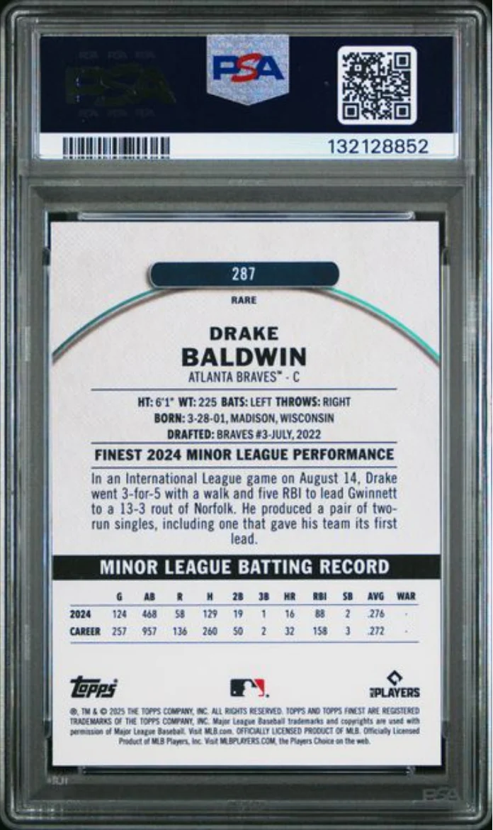 Graded 2025 Topps Finest Drake Baldwin #287 Rookie RC Baseball Card PSA 10 Gem Mint - Image 2