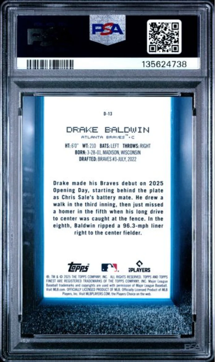 Graded 2025 Topps Finest Drake Baldwin #D13 Debut Green Refractor /75 Rookie RC Baseball Card PSA 10 Gem Mint - Image 2