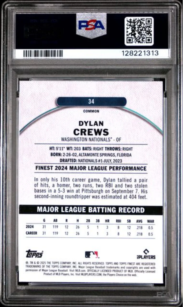 Graded 2025 Topps Finest Dylan Crews #34 Checkerboard Refractor Rookie RC Baseball Card PSA 10 Gem Mint - Image 2