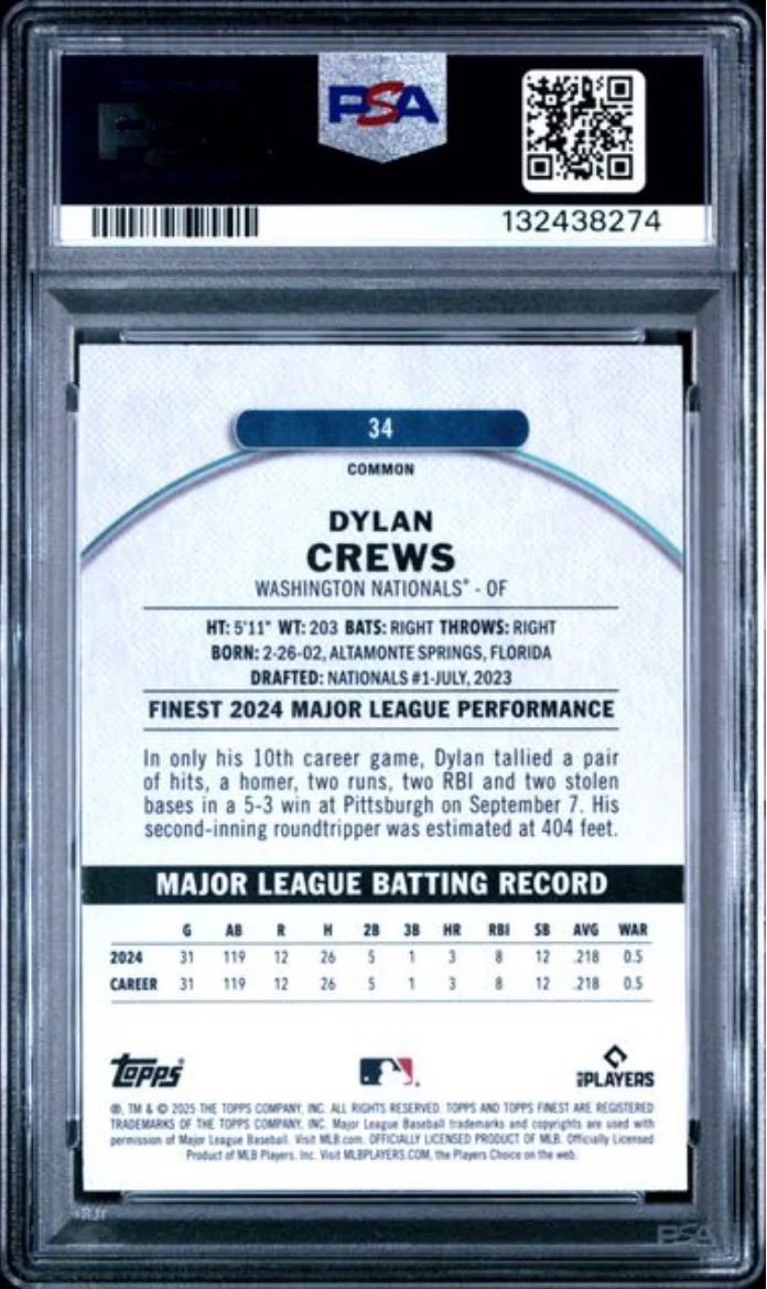 Graded 2025 Topps Finest Dylan Crews #34 Rookie RC Baseball Card PSA 10 Gem Mint - Image 2