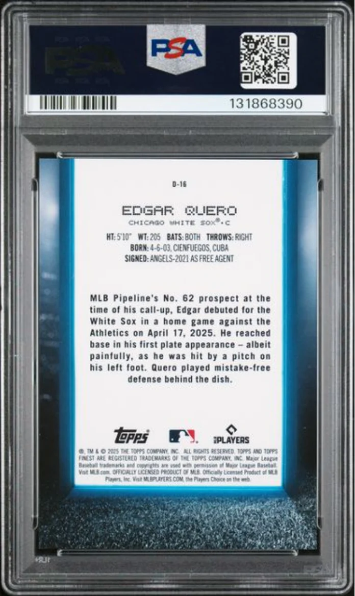 Graded 2025 Topps Finest Edgar Quero #D16 Debut Black Refractor /10 Rookie RC Baseball Card PSA 10 Gem Mint - Image 2