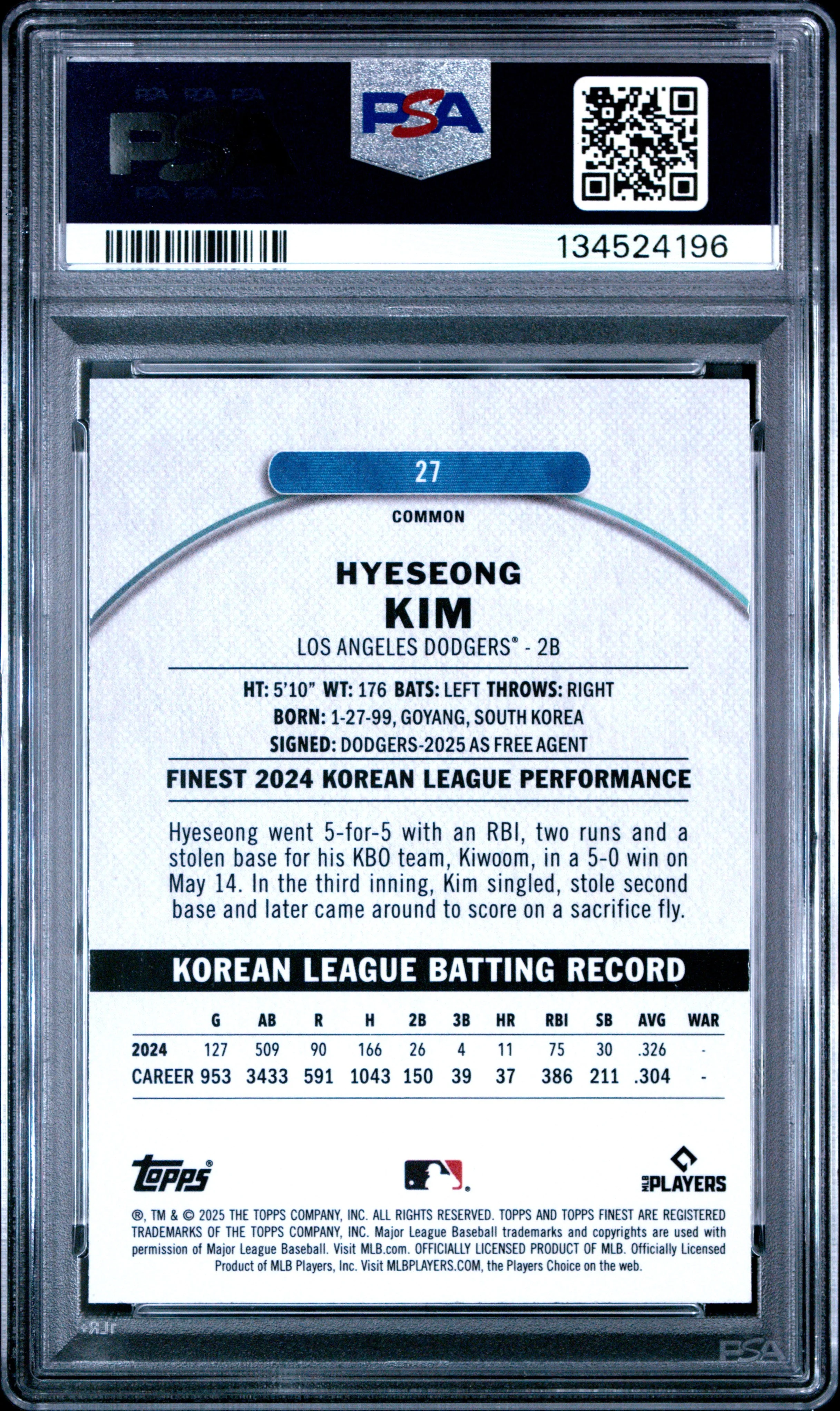 Graded 2025 Topps Finest Hyeseong Kim #27 Sky Blue Refractor /325 Rookie RC Baseball Card PSA 10 Gem Mint - Image 2