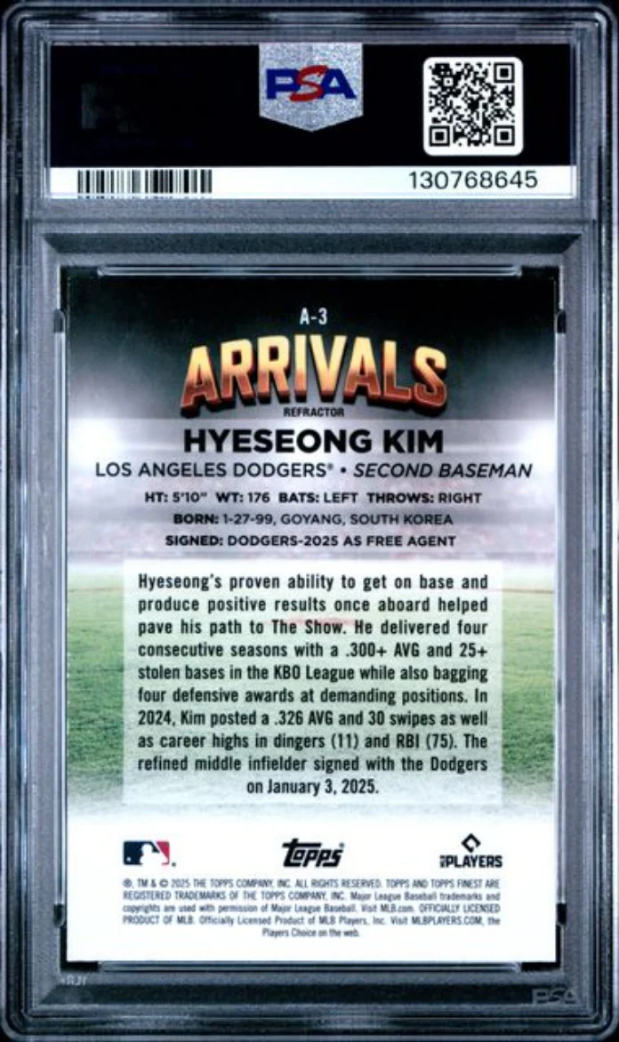 Graded 2025 Topps Finest Hyeseong Kim #A3 Arrivals Refractor Rookie RC Baseball Card PSA 10 Gem Mint - Image 2