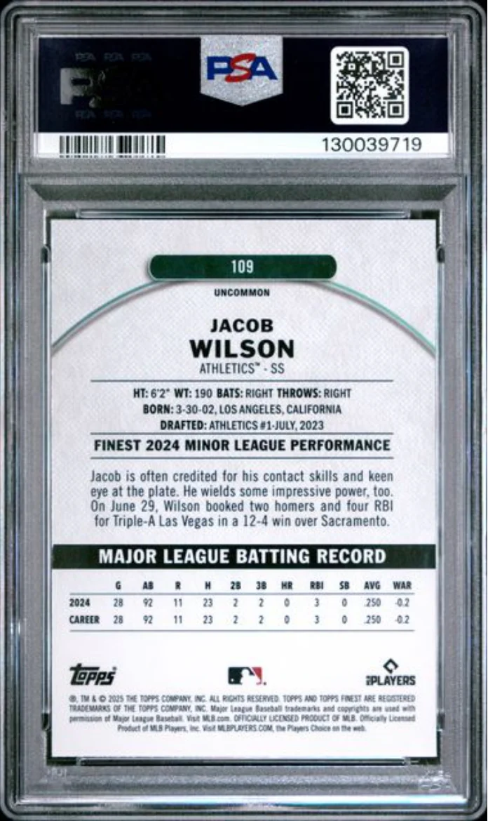 Graded 2025 Topps Finest Jacob Wilson #109 Checkerboard Refractor Rookie RC Baseball Card PSA 10 Gem Mint - Image 2