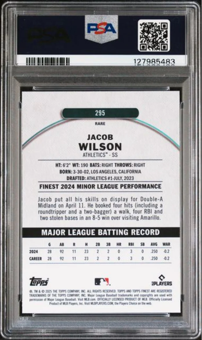 Graded 2025 Topps Finest Jacob Wilson #295 Rookie RC Baseball Card PSA 10 Gem Mint - Image 2