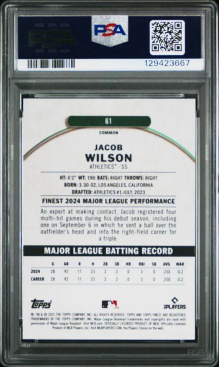 Graded 2025 Topps Finest Jacob Wilson #61 Rookie RC Baseball Card PSA 10 Gem Mint - Image 2