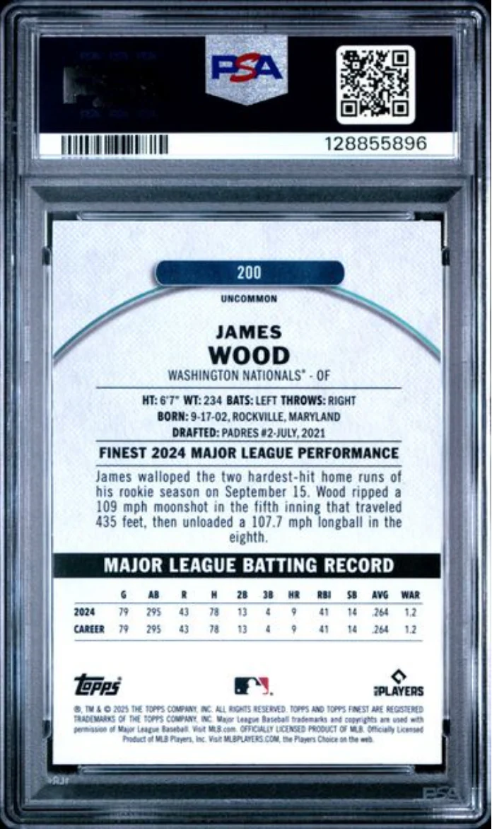 Graded 2025 Topps Finest James Wood #200 Magenta Refractor /300 Rookie RC Baseball Card PSA 10 Gem Mint - Image 2