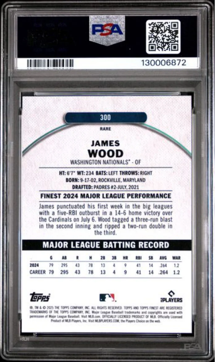 Graded 2025 Topps Finest James Wood #300 Rookie RC Baseball Card PSA 10 Gem Mint - Image 2