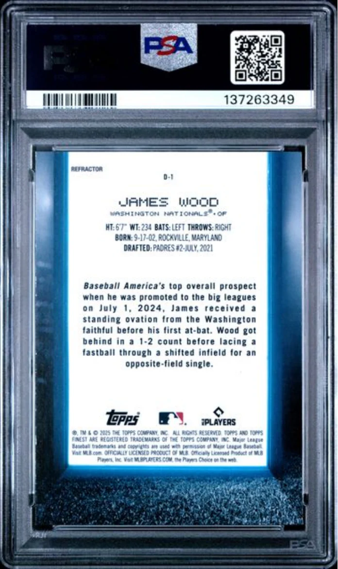 Graded 2025 Topps Finest James Wood #D1 Debut Refractor Rookie RC Baseball Card PSA 10 Gem Mint - Image 2