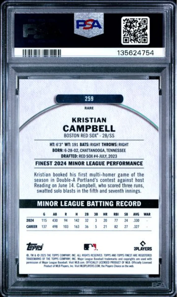 Graded 2025 Topps Finest Kristian Campbell #259 Rookie RC Baseball Card PSA 10 Gem Mint - Image 2