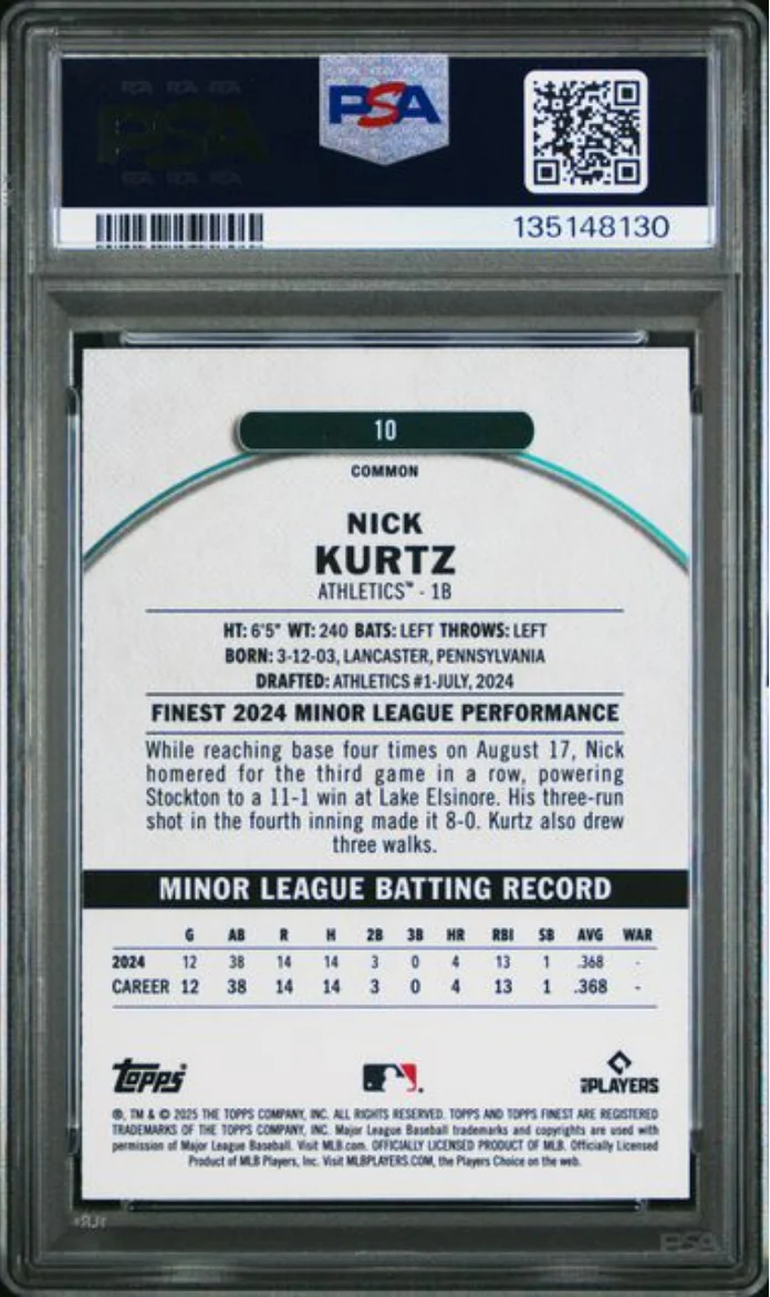 Graded 2025 Topps Finest Nick Kurtz #10 Rookie RC Baseball Card PSA 10 Gem Mint - Image 2