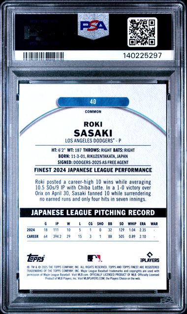 Graded 2025 Topps Finest Roki Sasaki #40 Checkerboard Refractor Rookie RC Baseball Card PSA 10 Gem Mint - Image 2