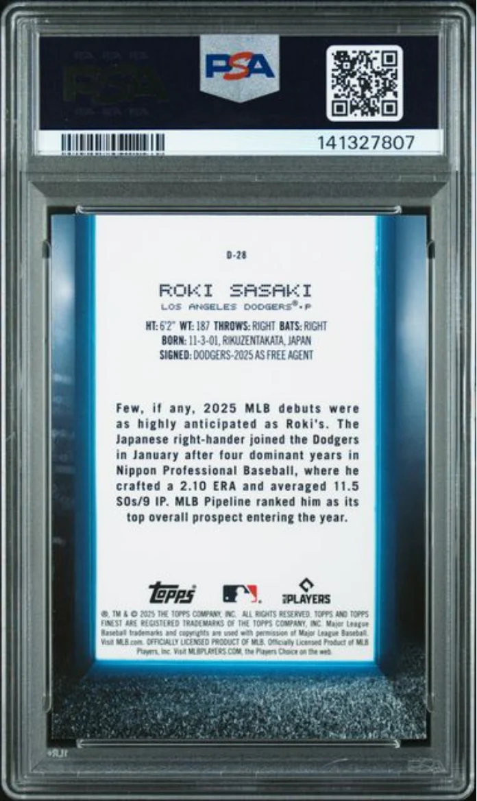 Graded 2025 Topps Finest Roki Sasaki #D28 Debut Rookie RC Baseball Card PSA 10 Gem Mint - Image 2