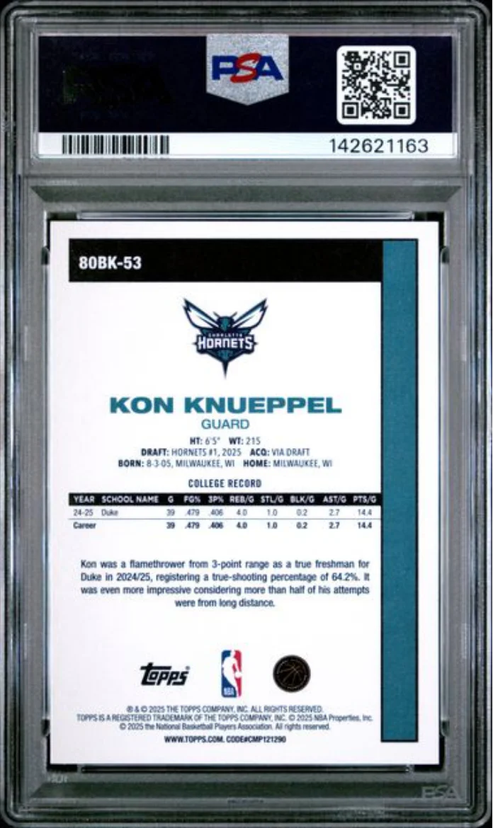 Graded 2025 Topps Kon Knueppel #80BK-53 1980 Topps Rookie RC Basketball Card PSA 10 Gem Mint - Image 2