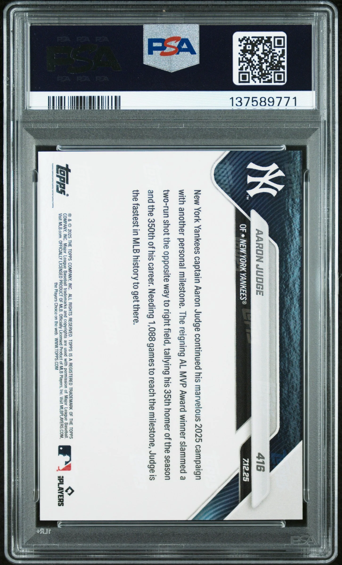 Graded 2025 Topps Now Aaron Judge #416 Baseball Card PSA 10 Gem Mint - Image 2