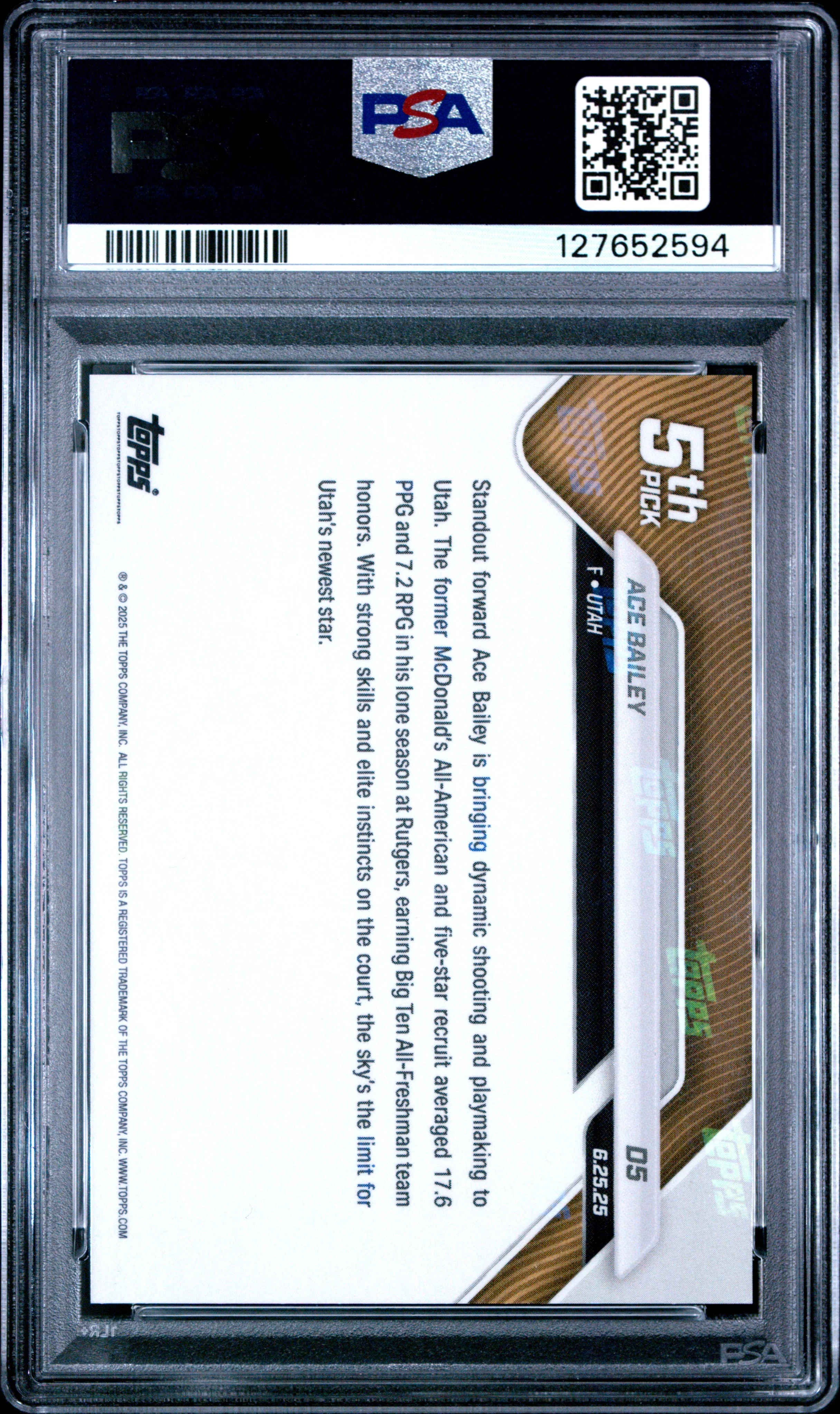 Graded 2025 Topps Now Ace Bailey #D5 Draft Rookie RC Basketball Card PSA 10 Gem Mint - Image 2