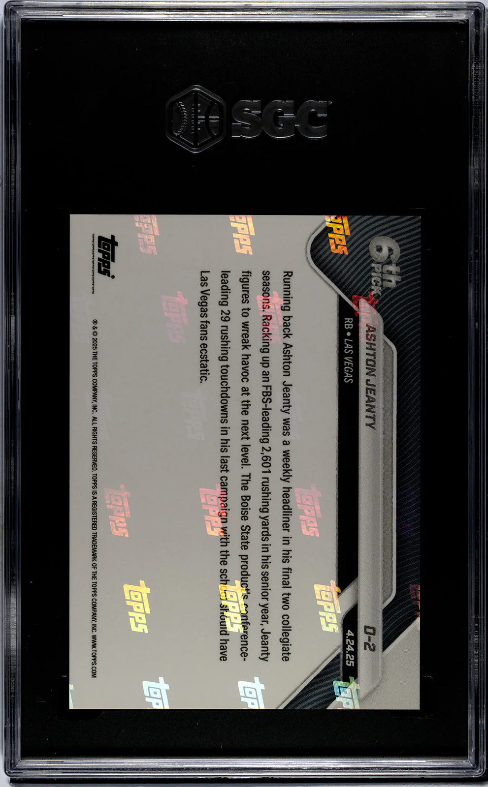 Graded 2025 Topps Now Ashton Jeanty #D2 Record Setting RB Selected 6th Overall Rookie RC Football Card SGC 10 Gem Mint - Image 2
