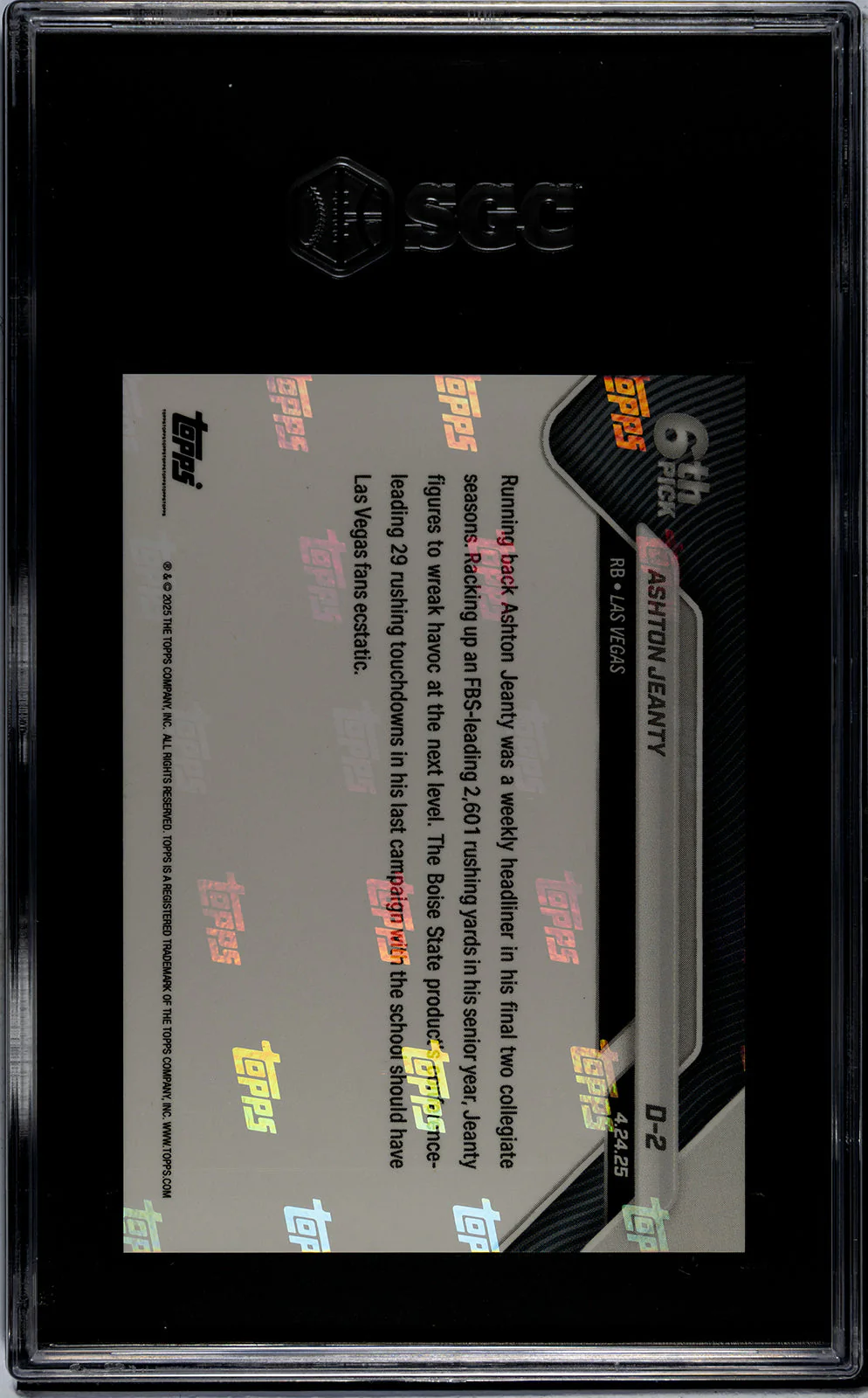 Graded 2025 Topps Now Ashton Jeanty #D2 Record Setting RB Selected 6th Overall Rookie RC Football Card SGC 9 Mint - Image 2