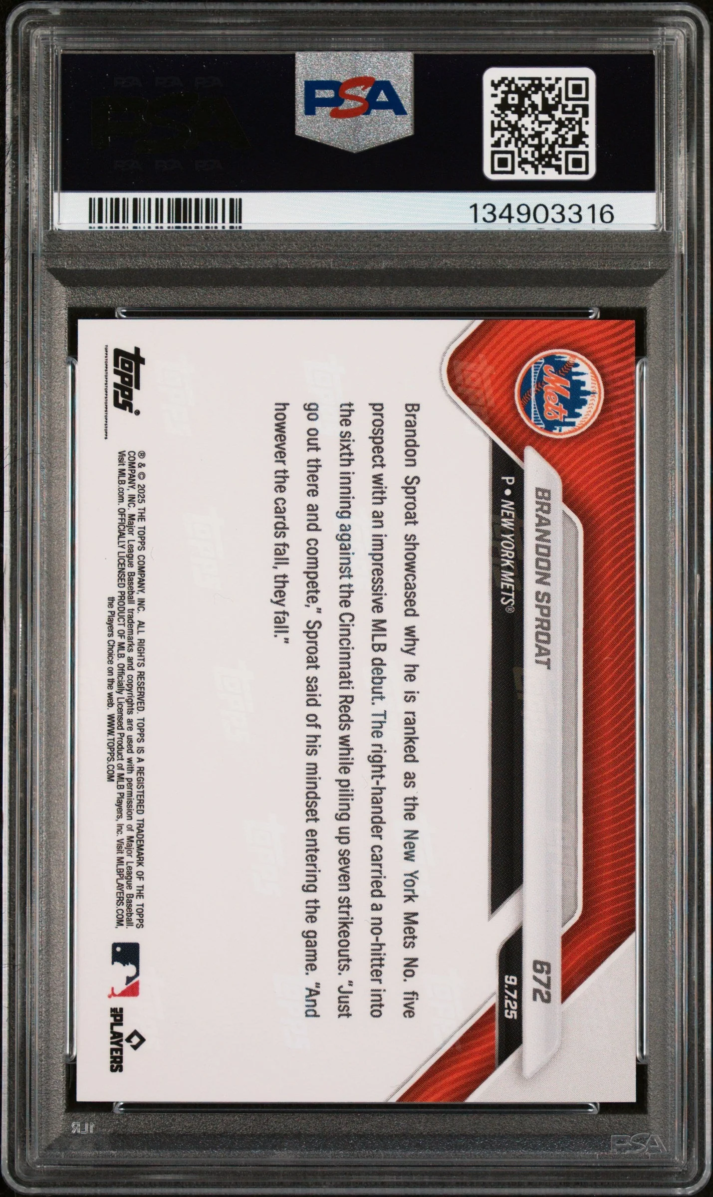 Graded 2025 Topps Now Brandon Sproat #672 Rookie RC Baseball Card PSA 10 Gem Mint - Image 2