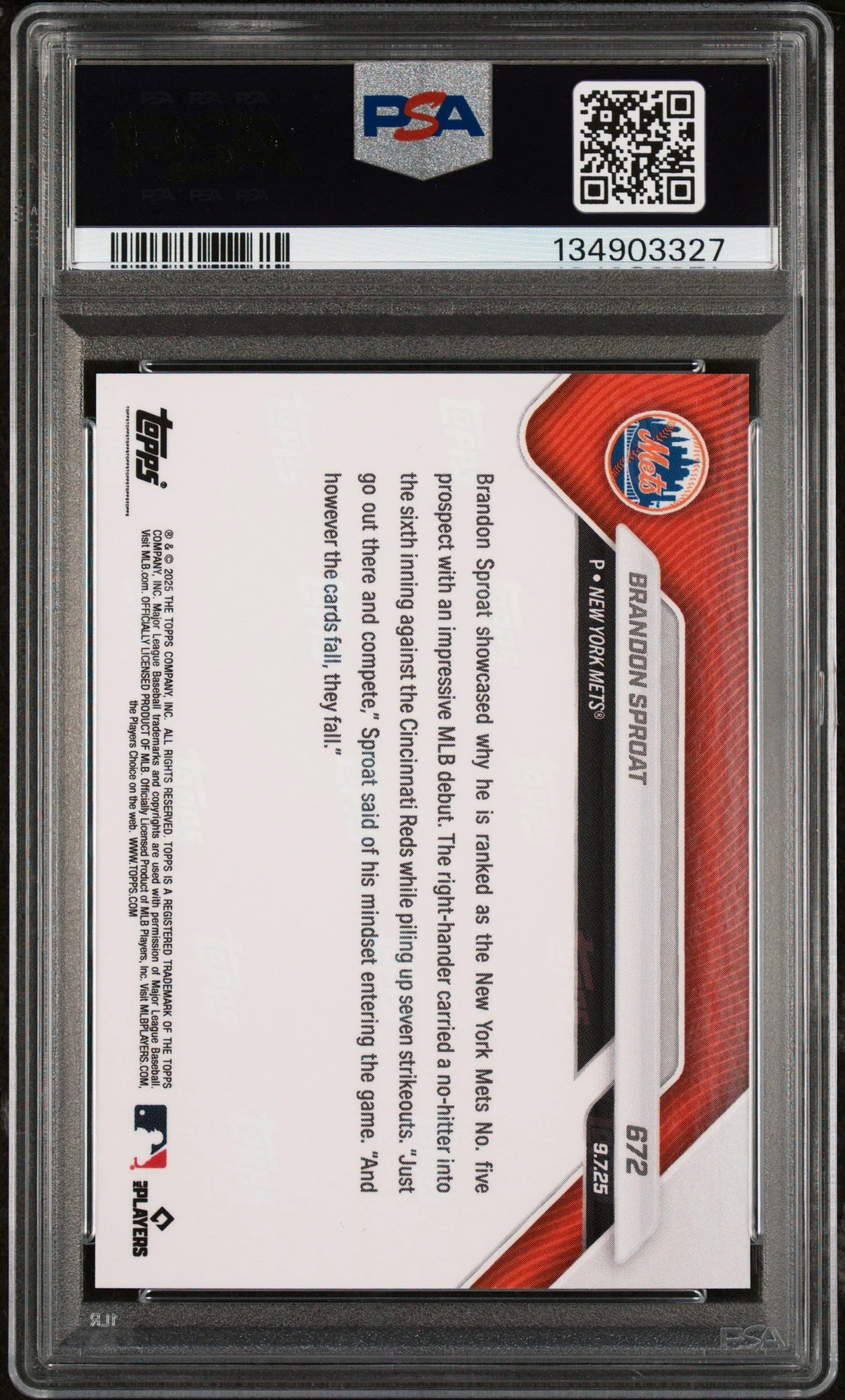 Graded 2025 Topps Now Brandon Sproat #672 Rookie RC Baseball Card PSA 6 Excellent - Image 2