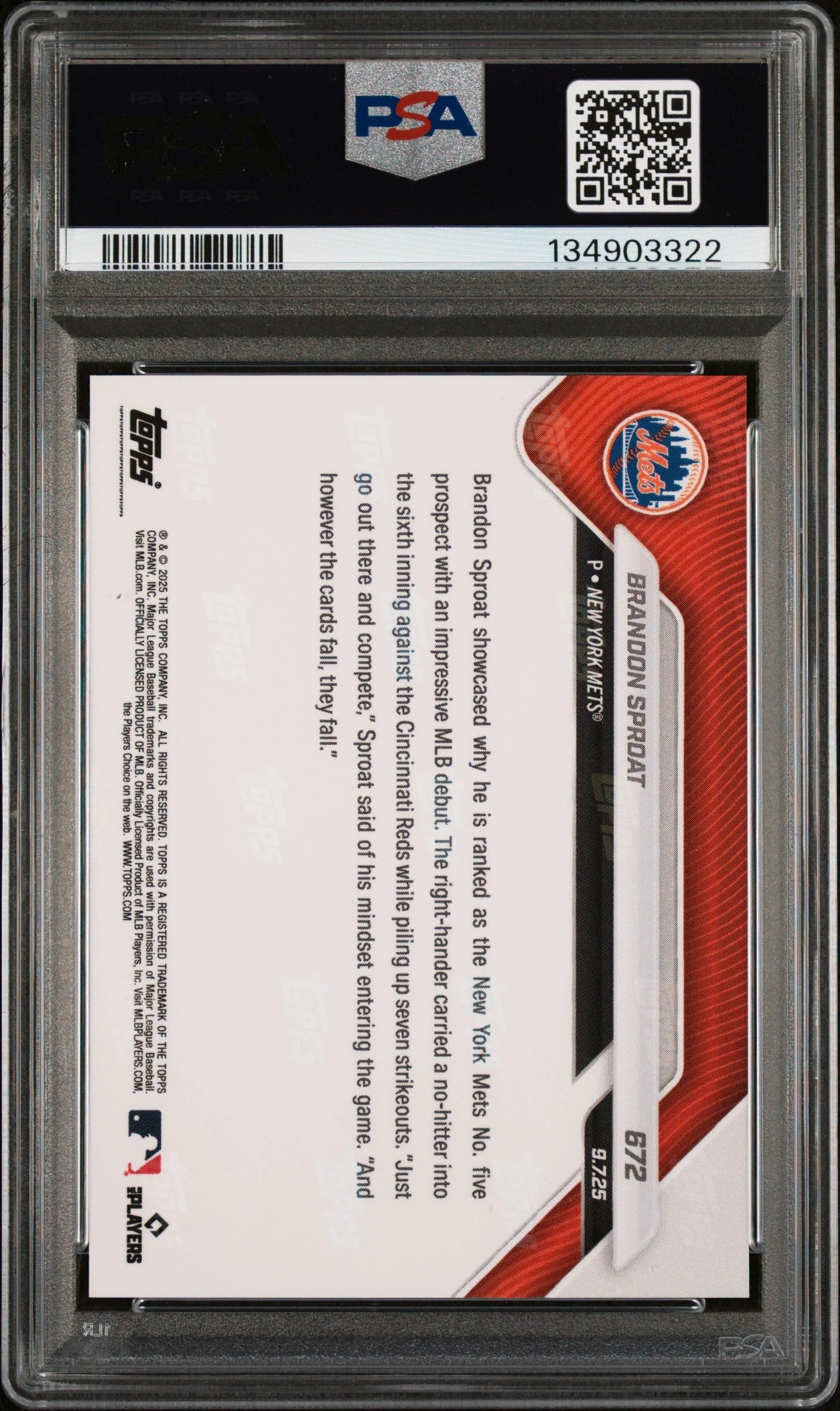 Graded 2025 Topps Now Brandon Sproat #672 Rookie RC Baseball Card PSA 9 Mint - Image 2