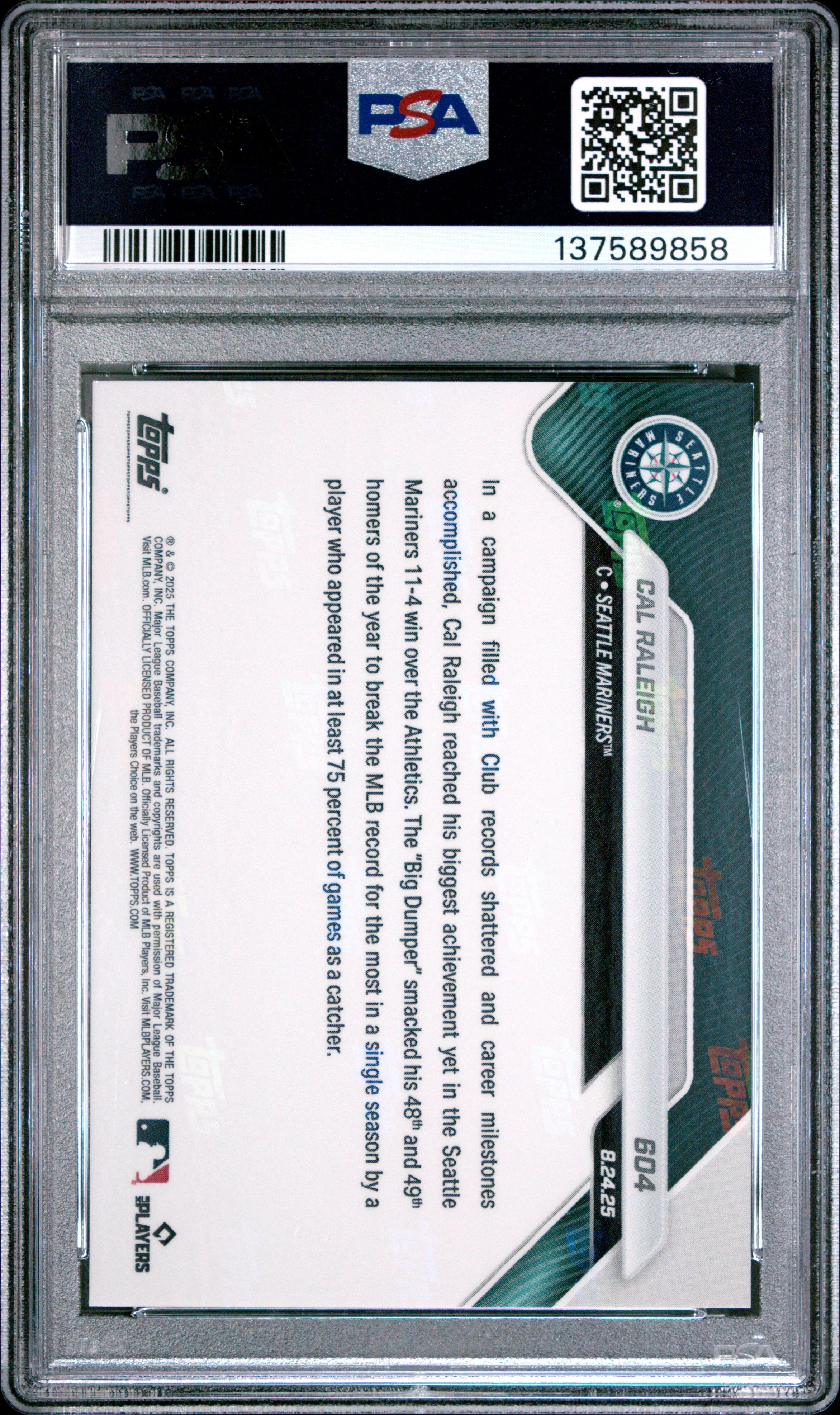 Graded 2025 Topps Now Cal Raleigh #604 49th HR Sets New MLB Single Season Record For Catcher Baseball Card PSA 10 Gem Mint - Image 2