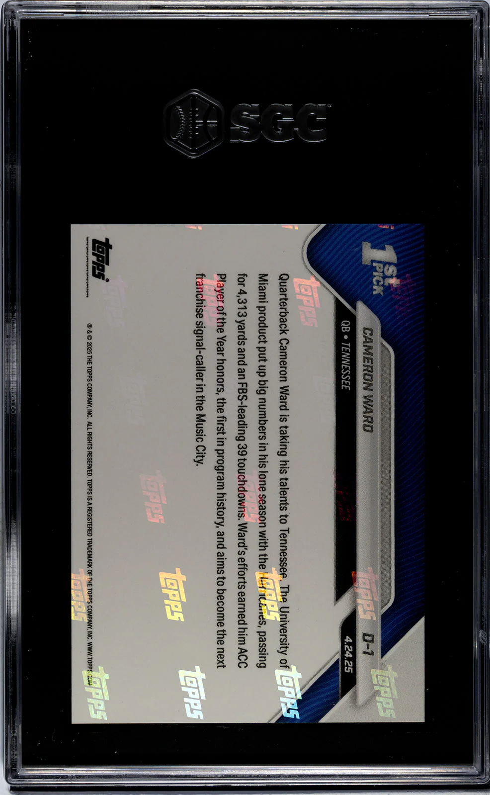 Graded 2025 Topps Now Cam Ward #D1 1st University of Miami QB Drafted Number 1 Since '87 Rookie RC Football Card SGC 10 Gem Mint - Image 2
