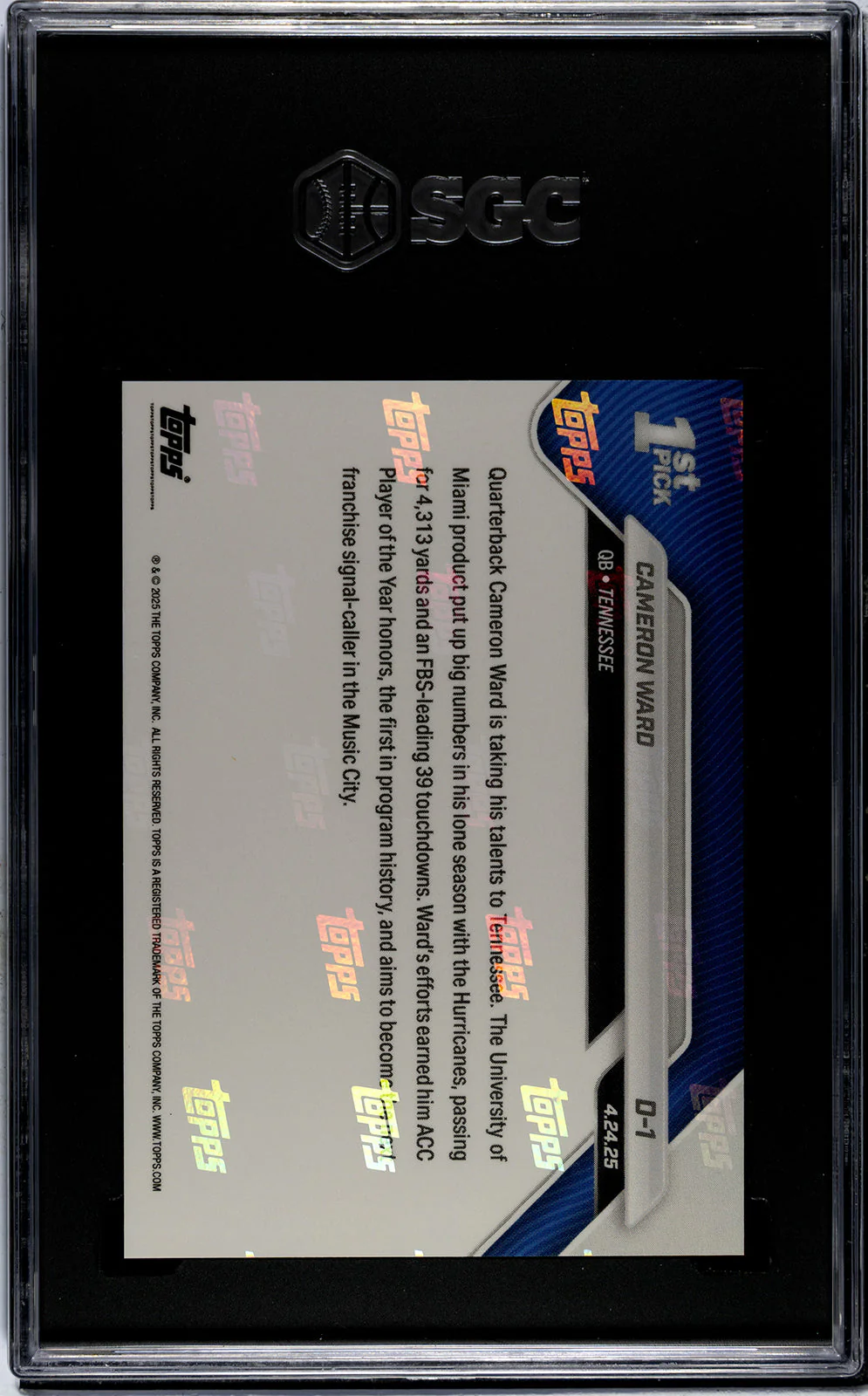 Graded 2025 Topps Now Cam Ward #D1 1st University of Miami QB Drafted Number 1 Since '87 Rookie RC Football Card SGC 9.5 Mint+ - Image 2