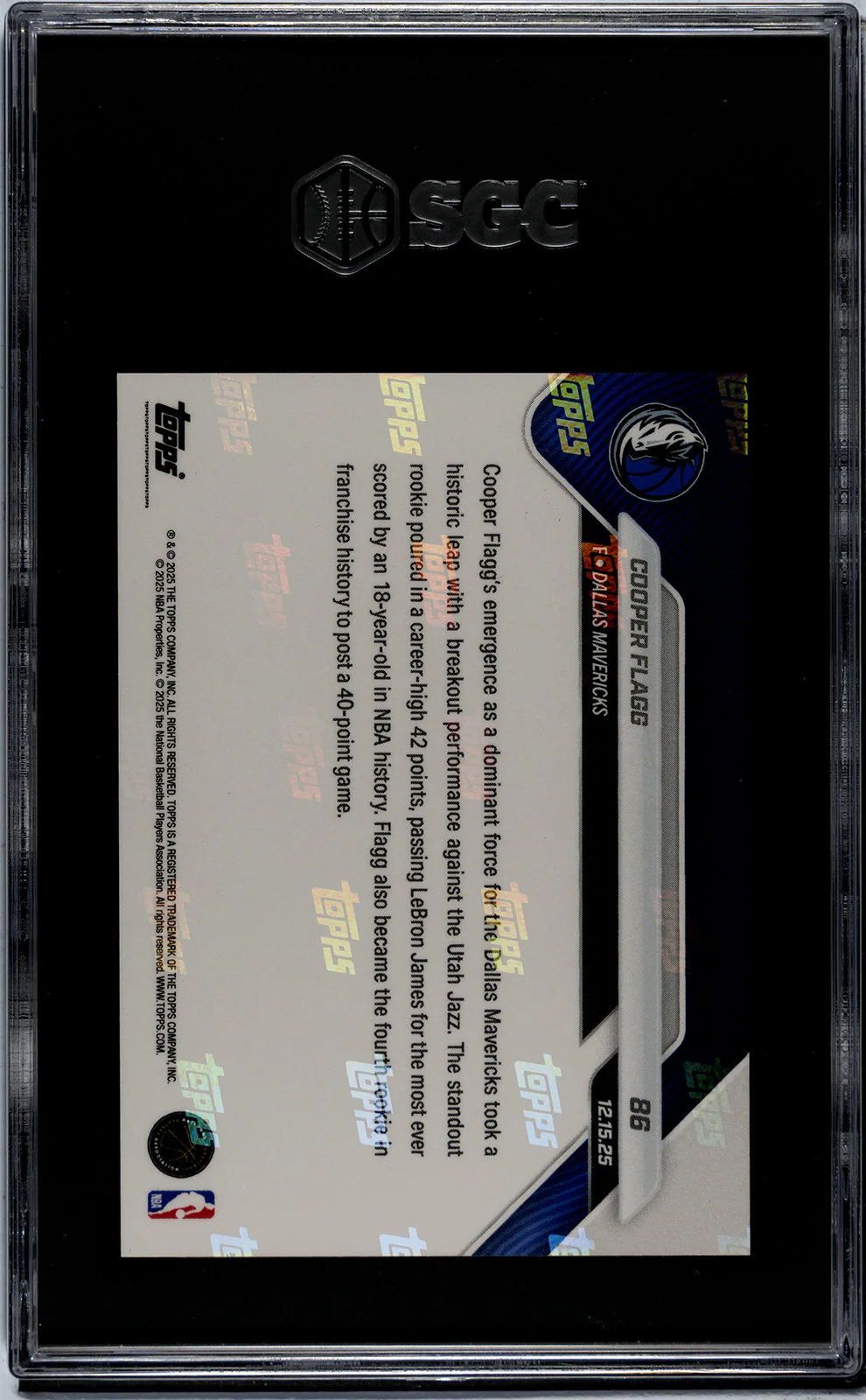 Graded 2025 Topps Now Cooper Flagg #86 Rookie RC Basketball Card SGC 10 Gem Mint - Image 2