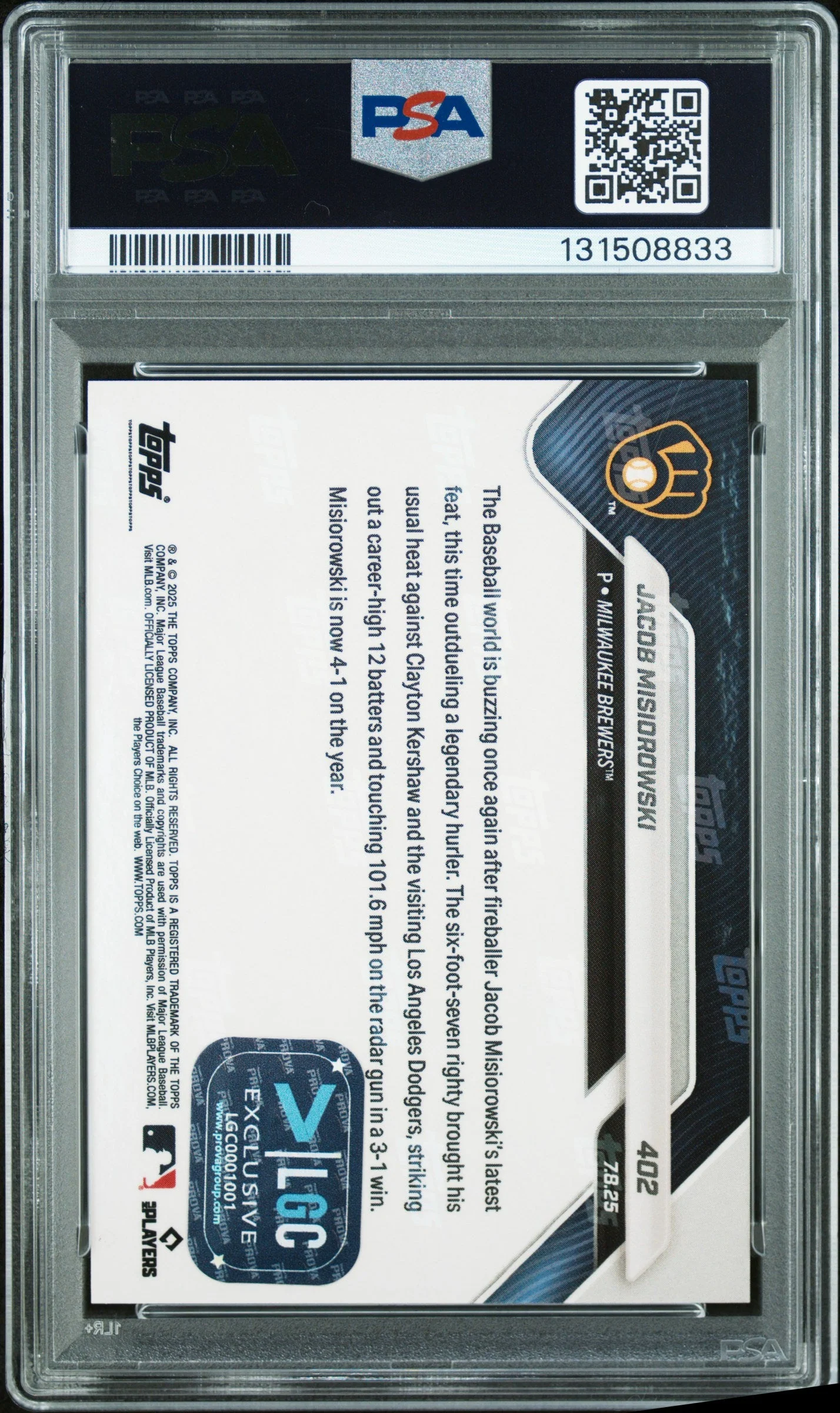 Graded 2025 Topps Now Jacob Misiorowski #402 Gold Foil /50 Rookie RC Baseball Card PSA 9 Auto Grade Mint - Image 2