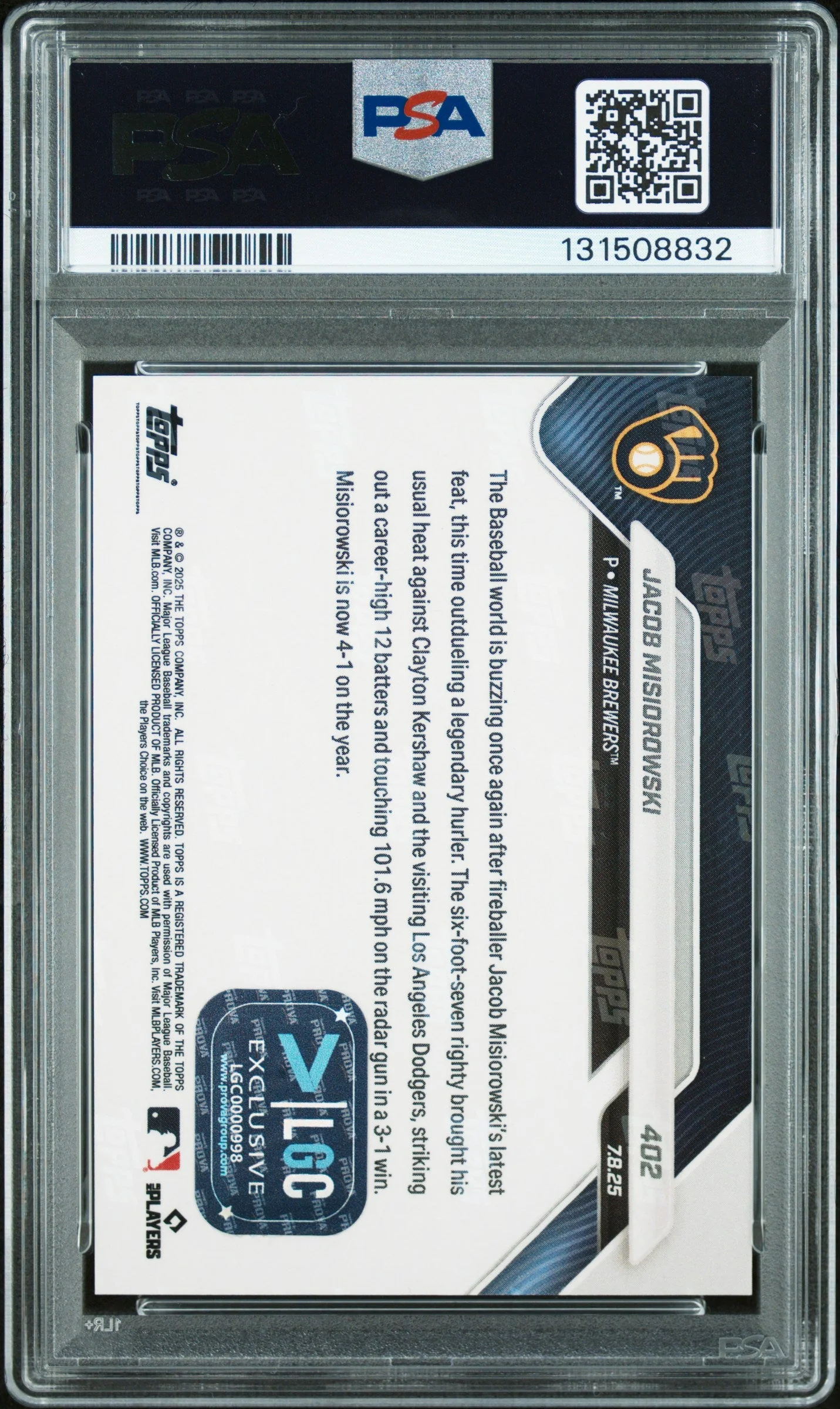 Graded 2025 Topps Now Jacob Misiorowski #402 Red Foil /5 Rookie RC Baseball Card PSA 9 Auto Grade Mint - Image 2