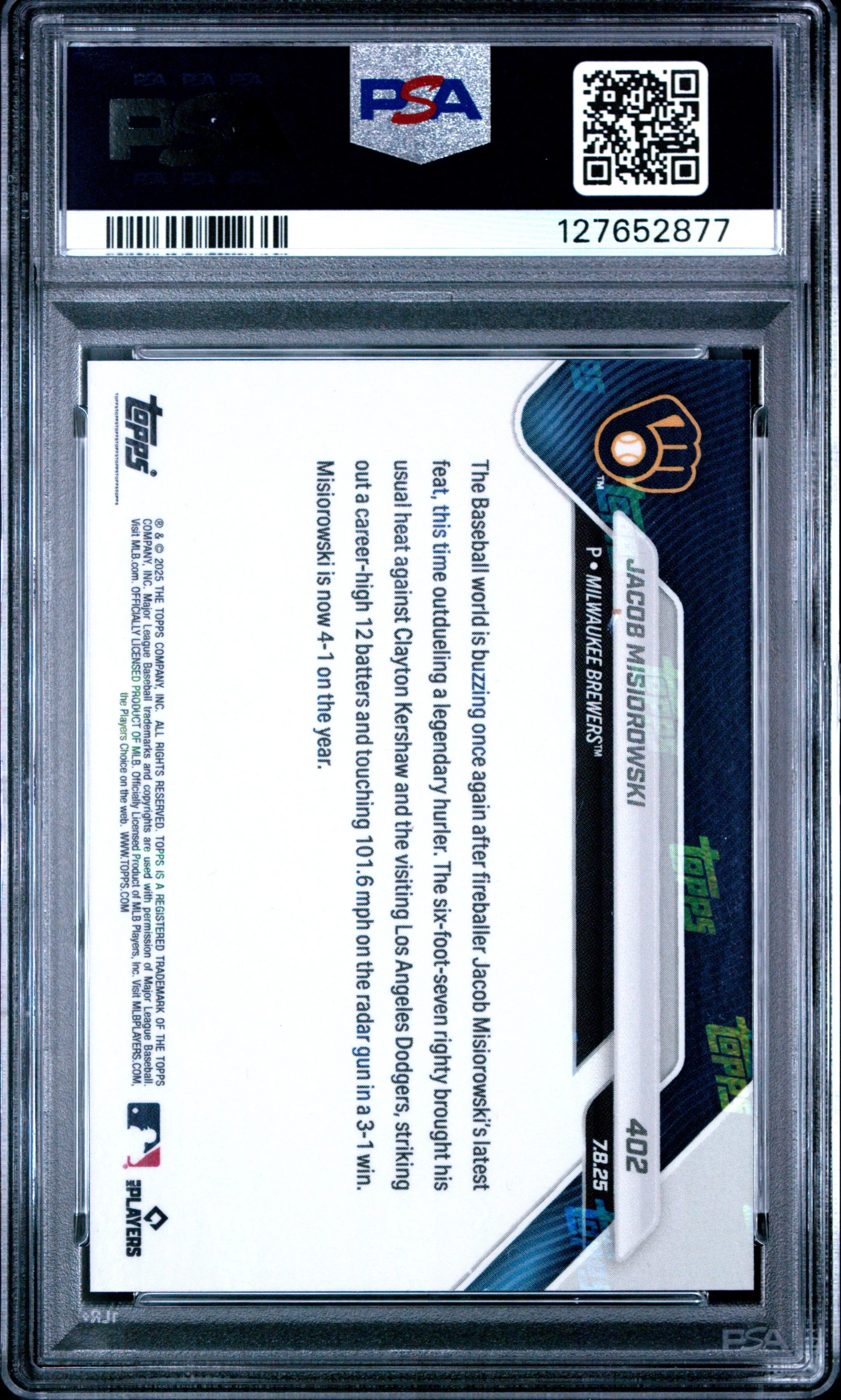 Graded 2025 Topps Now Jacob Misiorowski #402 Rookie RC Baseball Card PSA 5 Excellent - Image 2