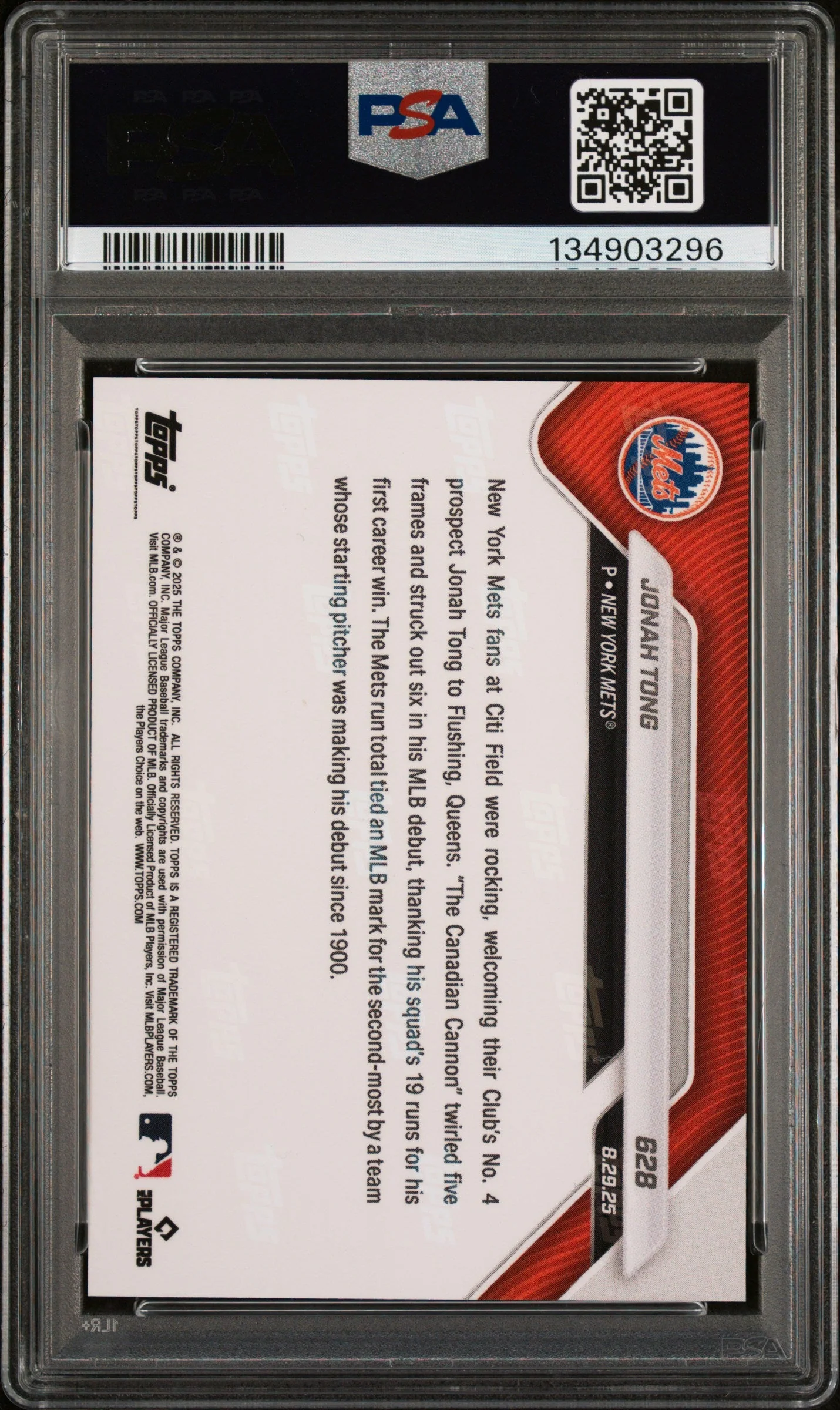 Graded 2025 Topps Now Jonah Tong #628 Rookie RC Baseball Card PSA 10 Gem Mint - Image 2