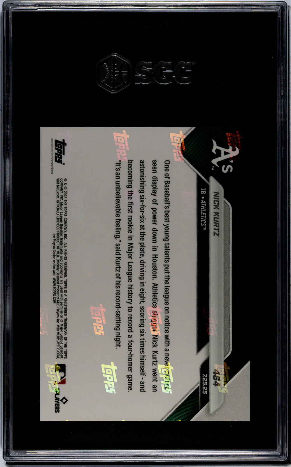 Graded 2025 Topps Now Nick Kurtz #464 1st Rookie in MLB History With a Four Homer Game Rookie RC Baseball Card SGC 10 Gem Mint - Image 2